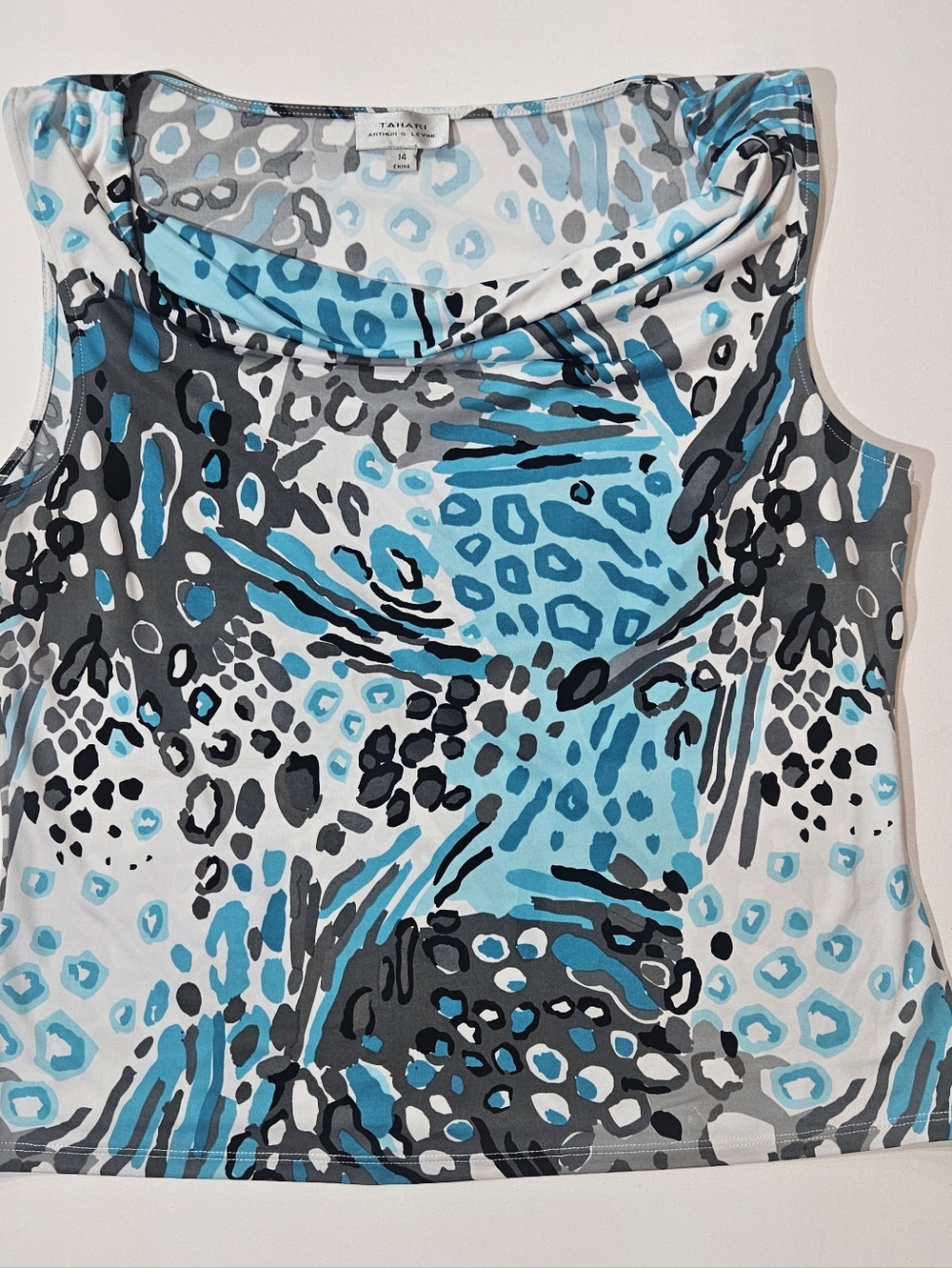 Tahari Arthur S Levine Sleeveless Blouse Womens 14 Blue‎ White Grey Abstract